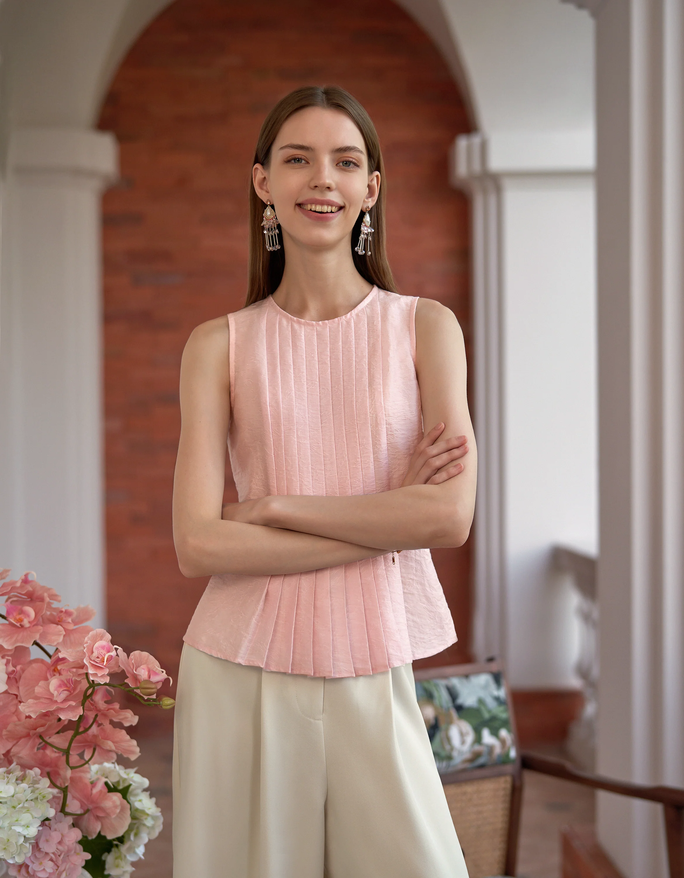 Tencel-blend Jacquard Pleated Sleeveless Top - Image 12