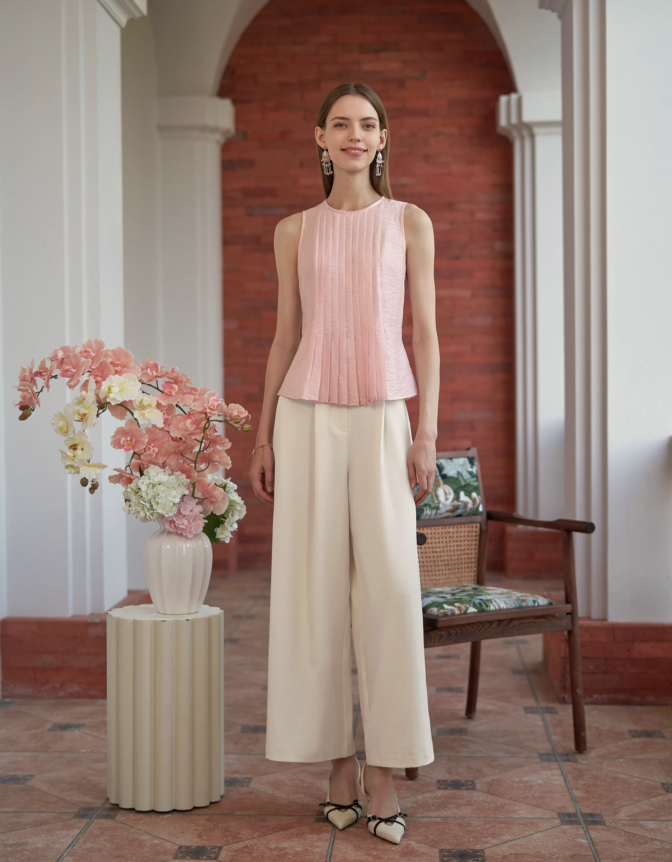 Tencel-blend Jacquard Pleated Sleeveless Top - Image 13
