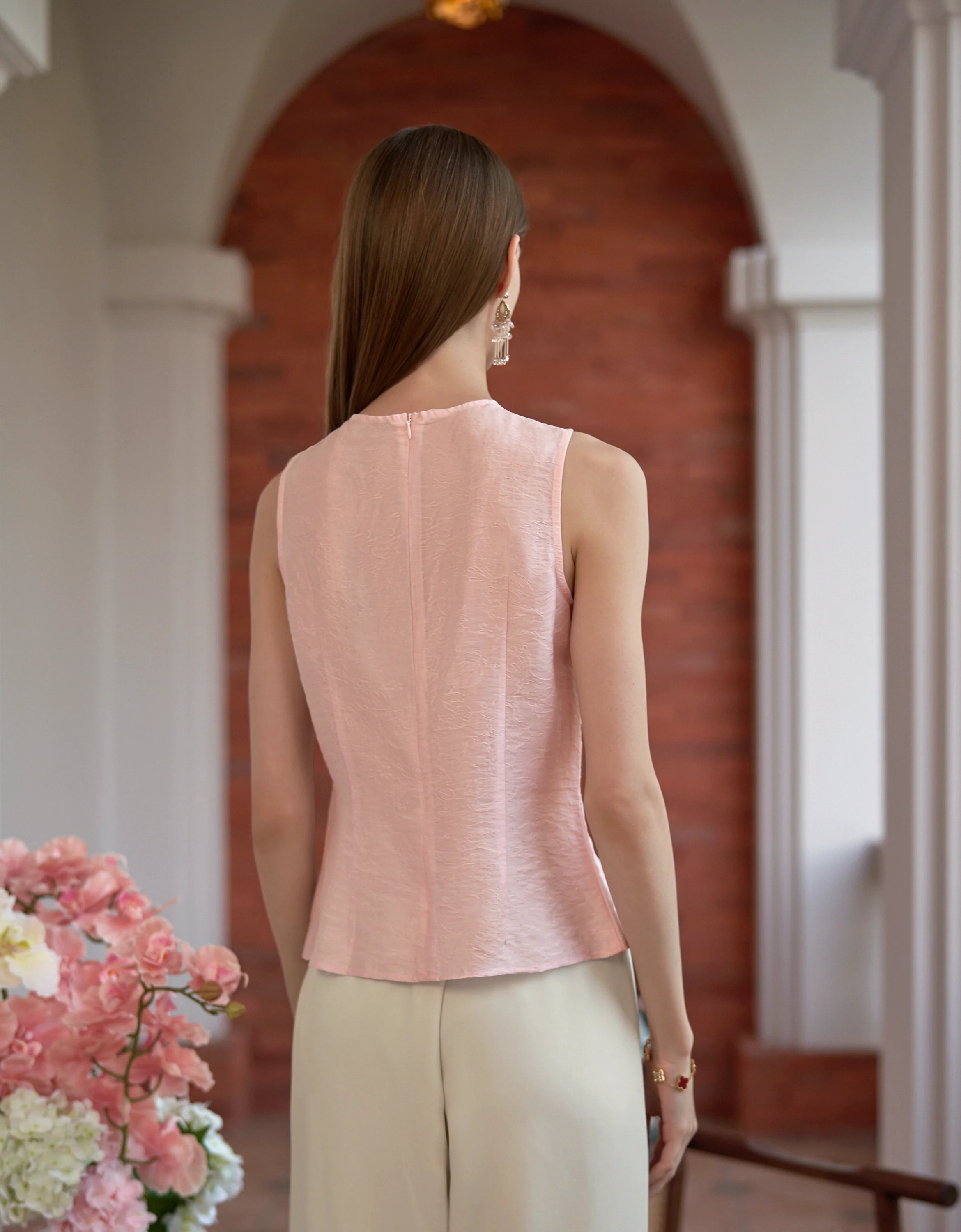 Tencel-blend Jacquard Pleated Sleeveless Top - Image 14