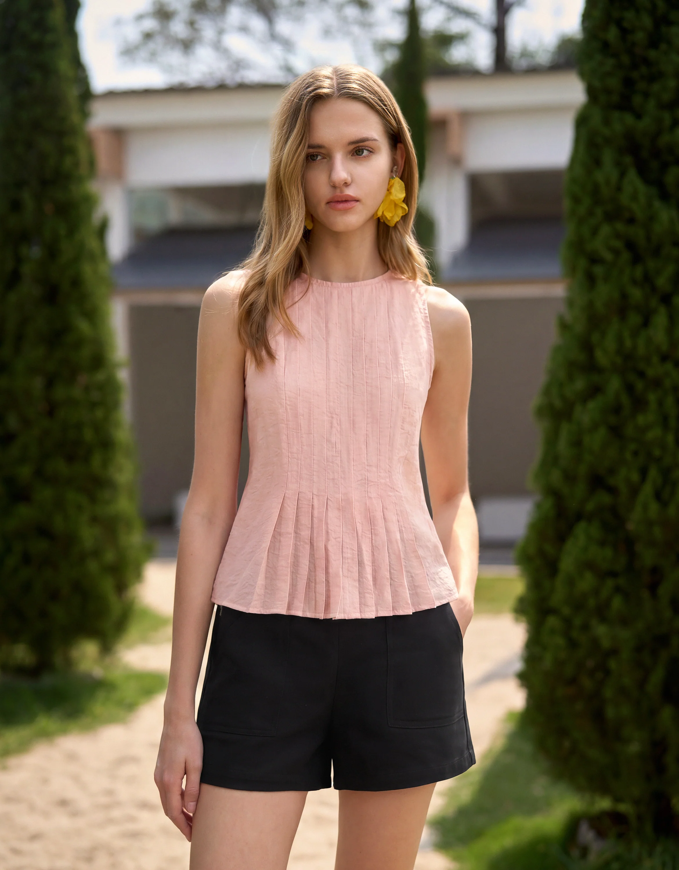 Tencel-blend Jacquard Pleated Sleeveless Top - Image 7