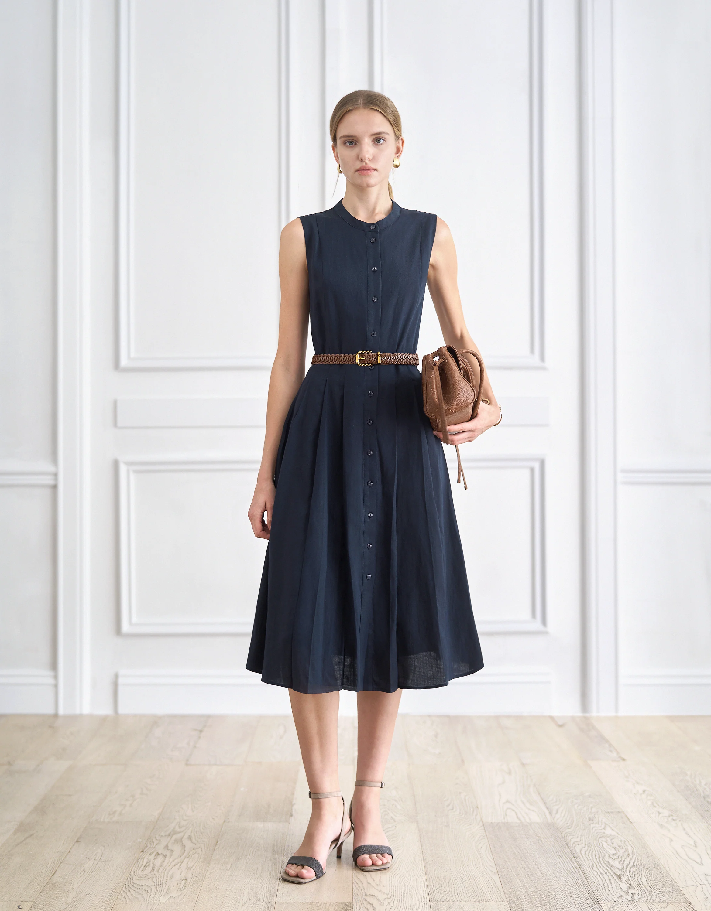 Tencel-linen Blend Button Front Pleated Dress - Image 2