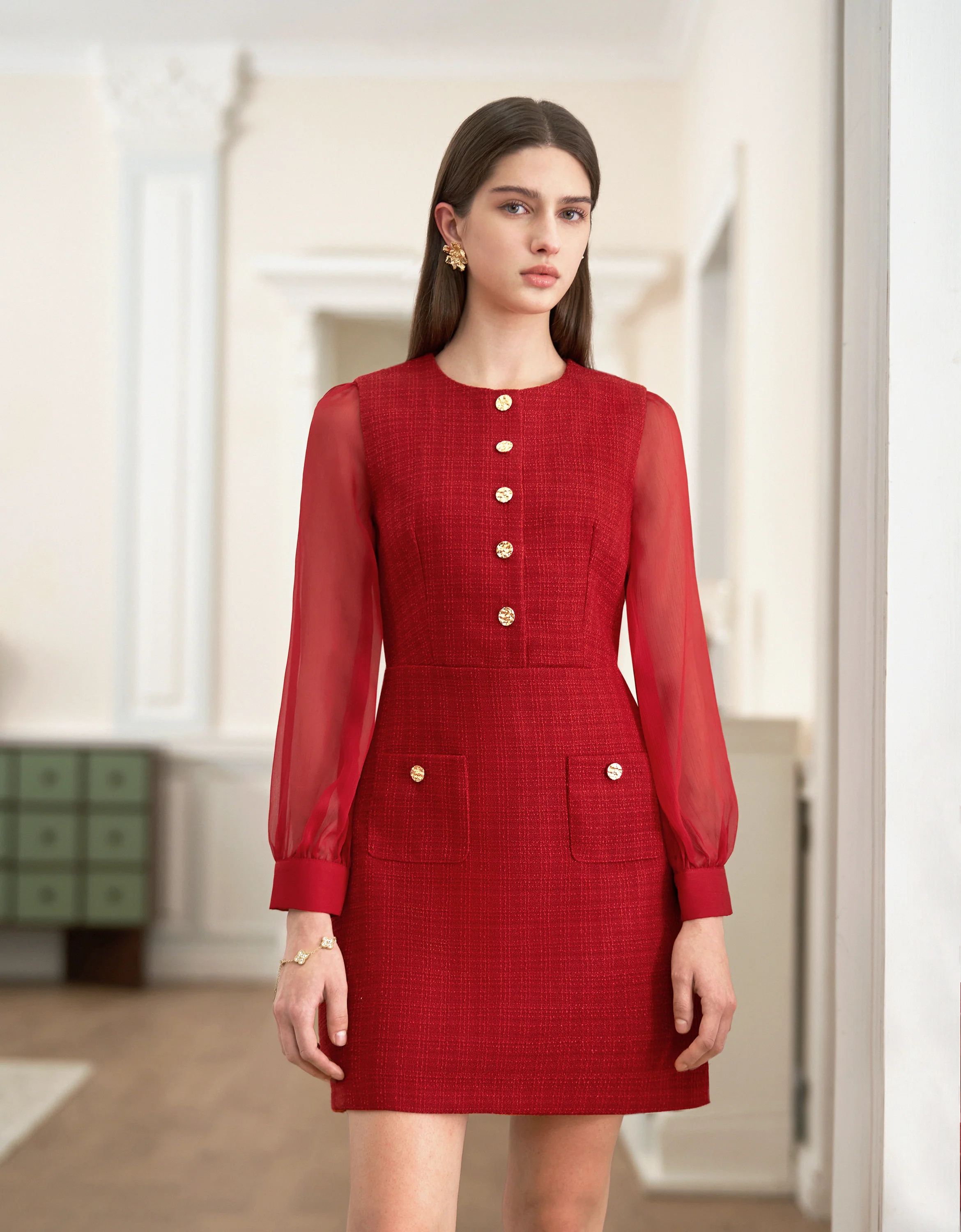 Tulle Long Sleeve Tweed Dress - Image 17