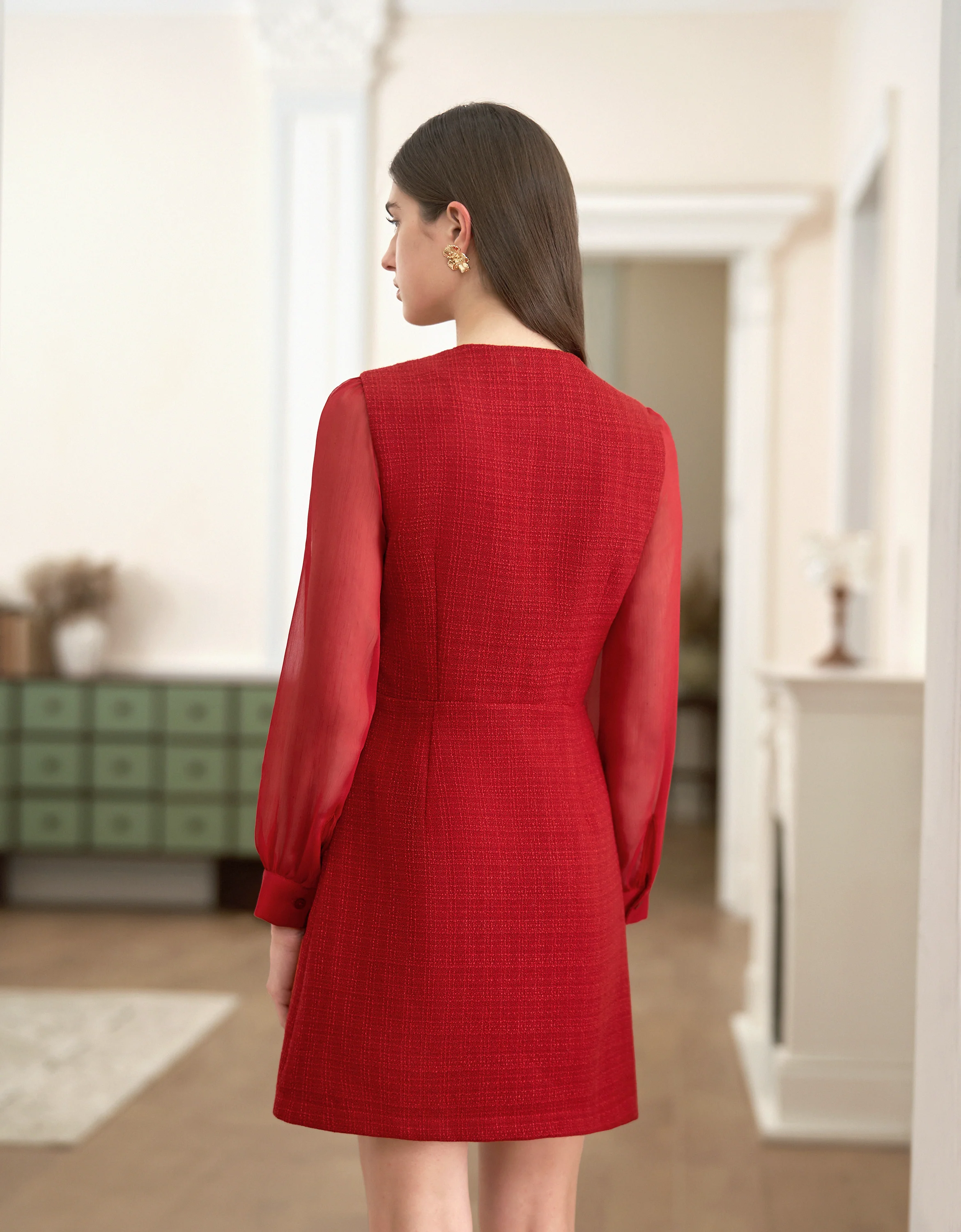 Tulle Long Sleeve Tweed Dress - Image 18