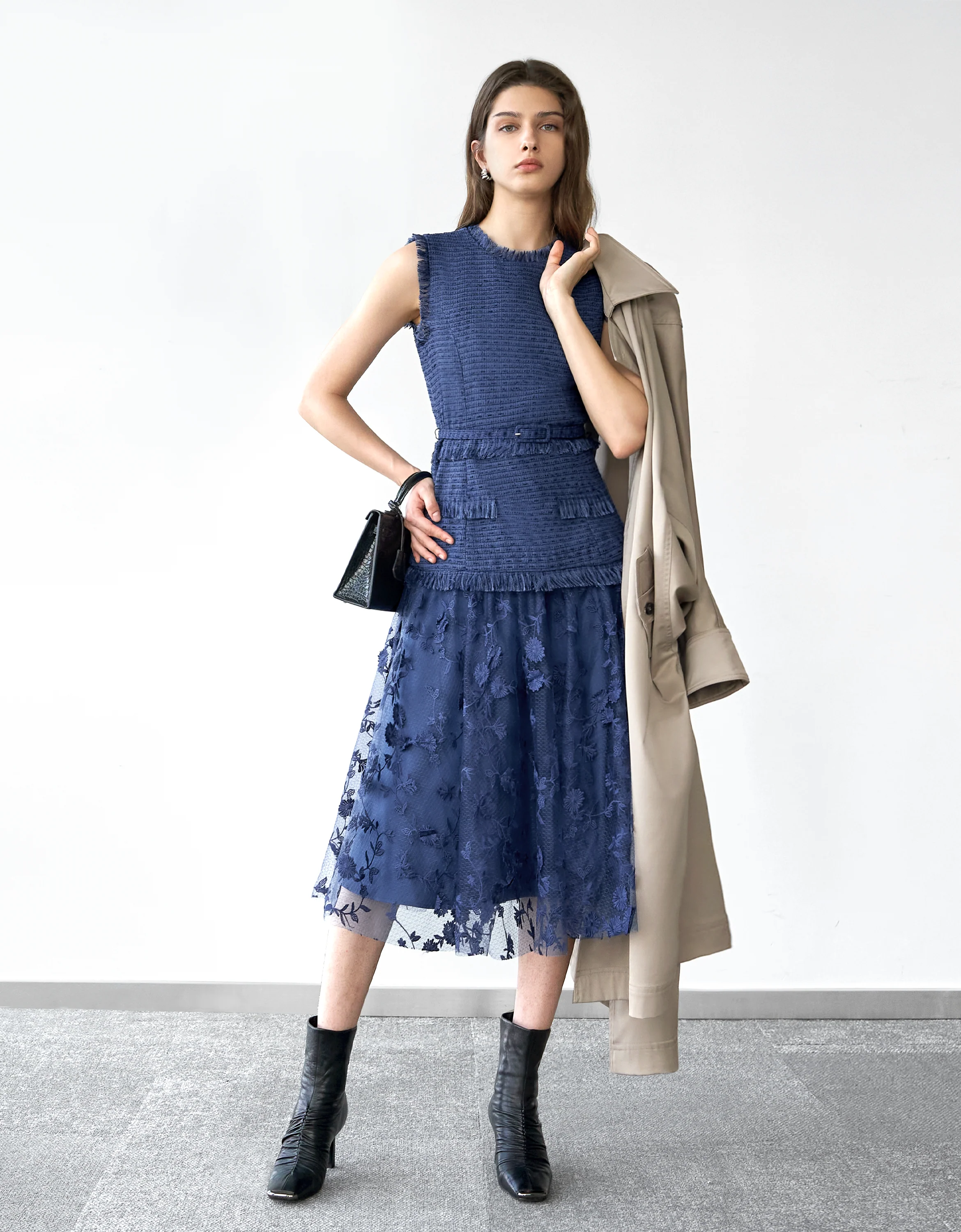 Tweed Bodice Semi Sheer Pleated Bottom Dress - Image 35