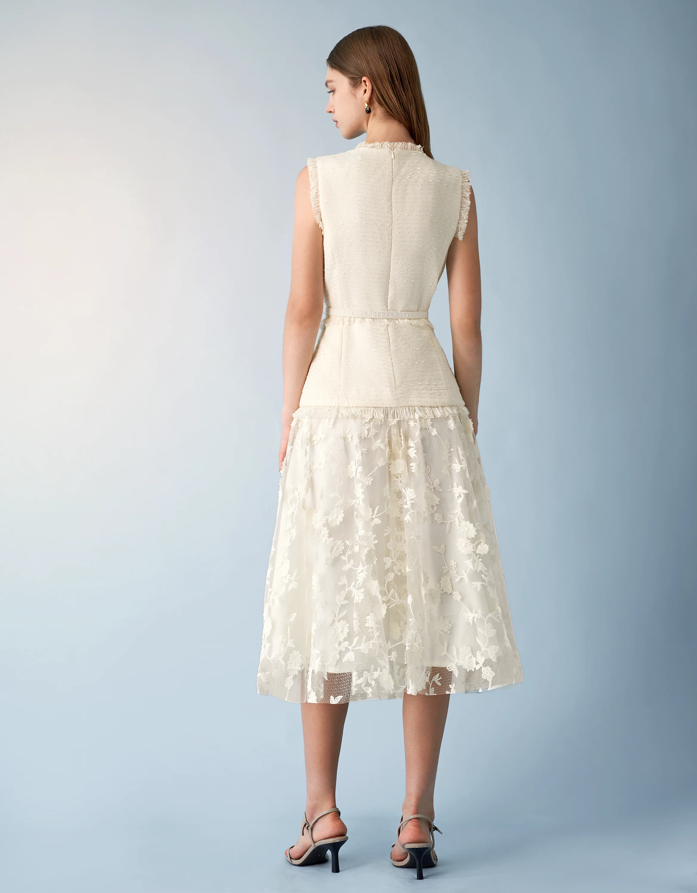 Tweed Bodice Semi Sheer Pleated Bottom Dress - Image 6