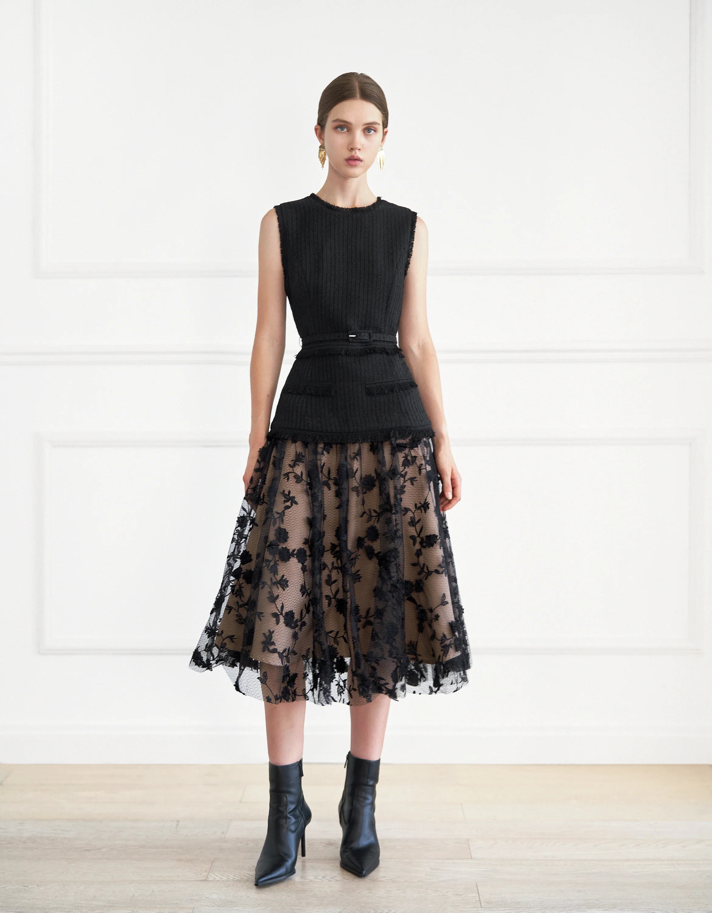 Tweed Bodice Semi Sheer Pleated Bottom Dress - Image 8