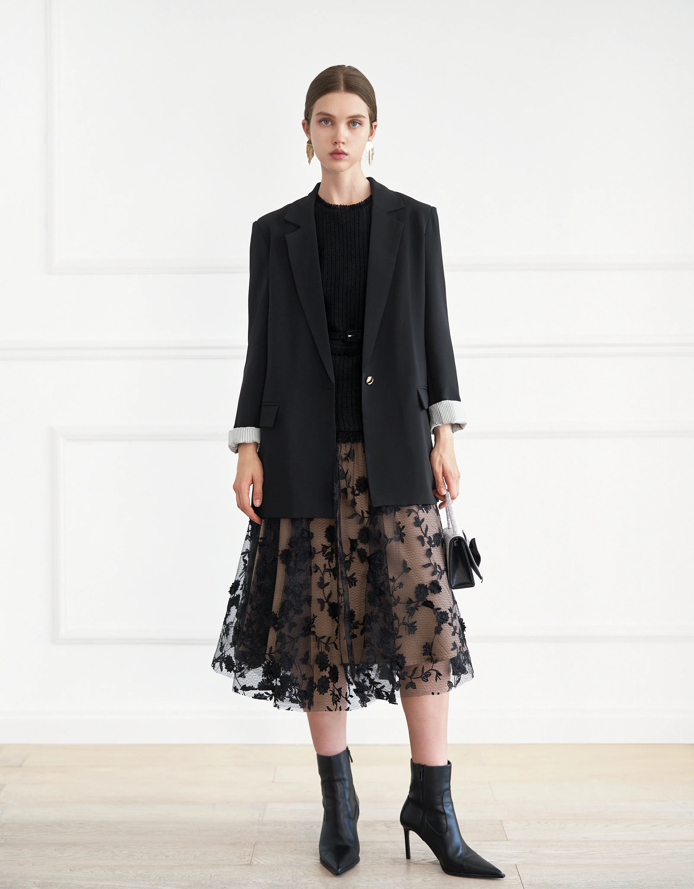 Tweed Bodice Semi Sheer Pleated Bottom Dress - Image 9