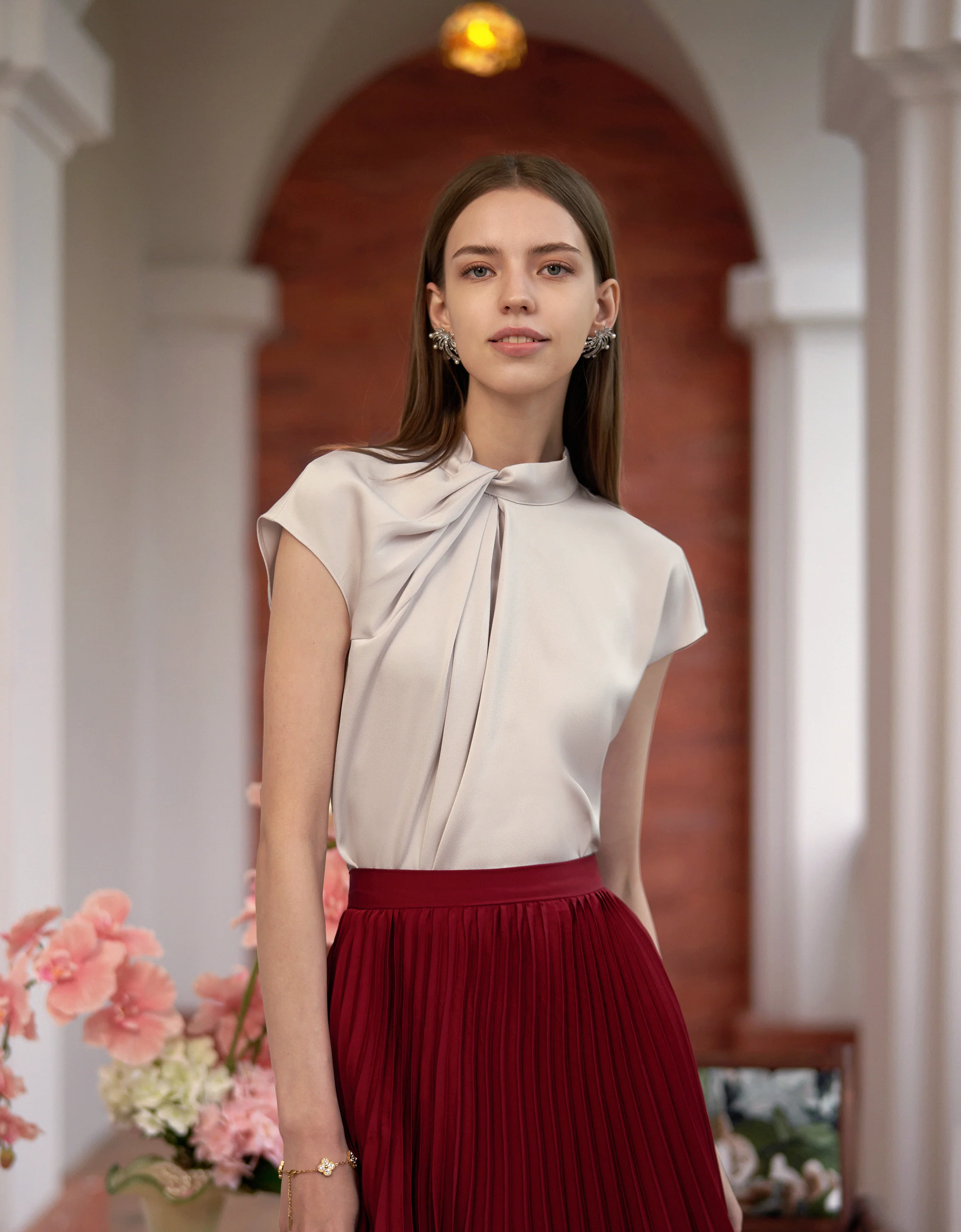 Twisted Neckline Stand Collar Top - Image 8