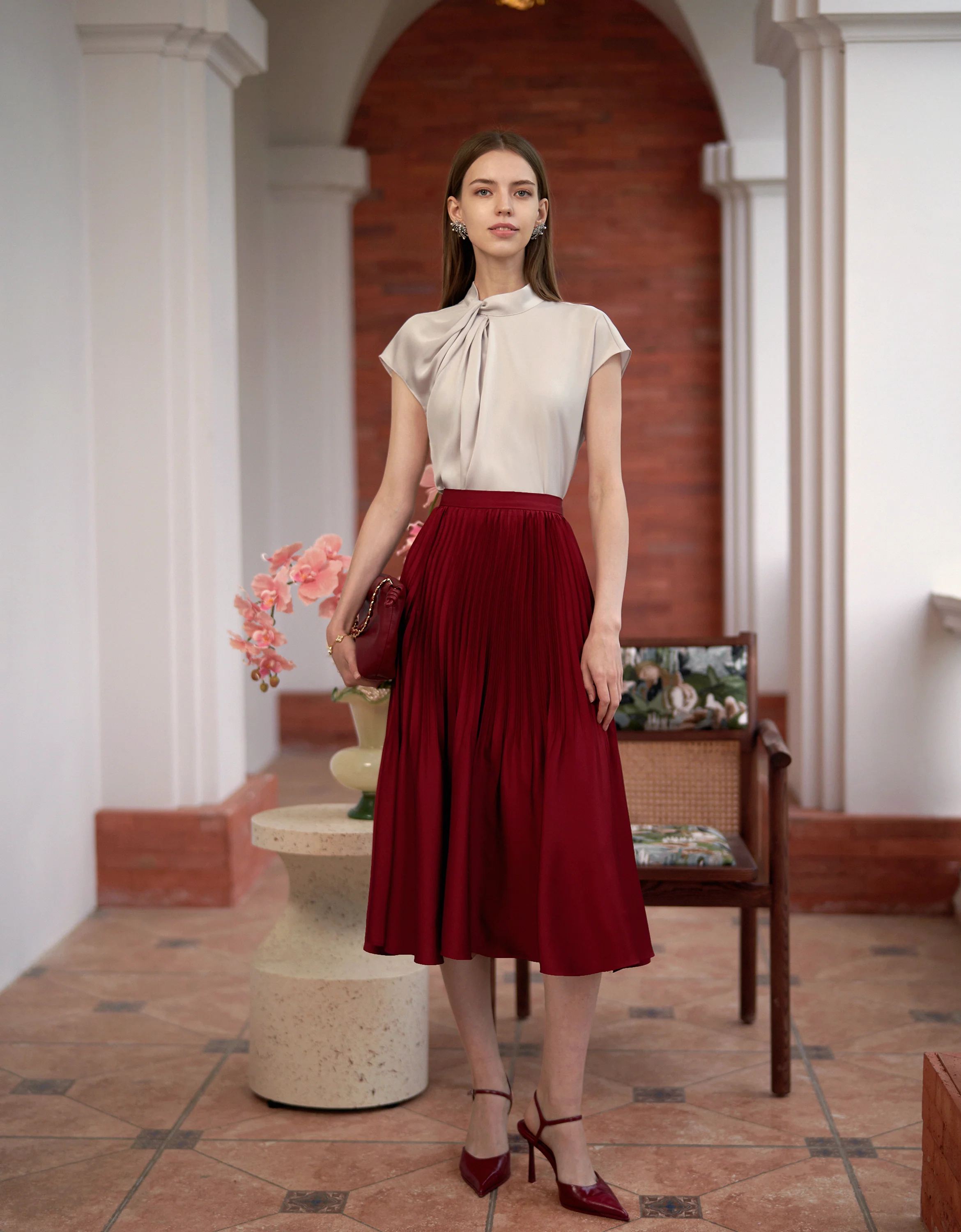 Twisted Neckline Stand Collar Top - Image 9