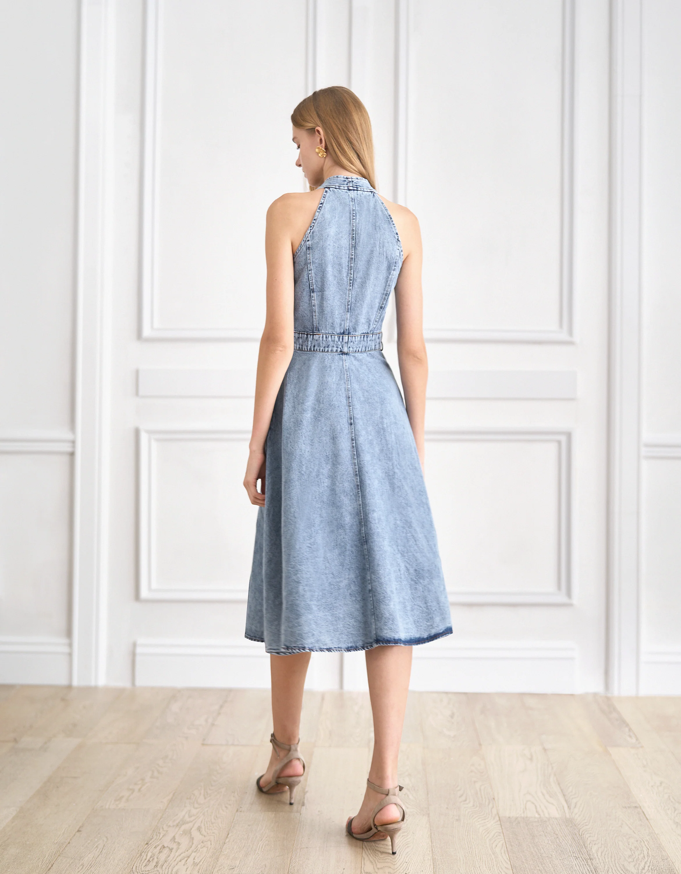 V-neck A-line Sleeveless Denim Dress - Image 5