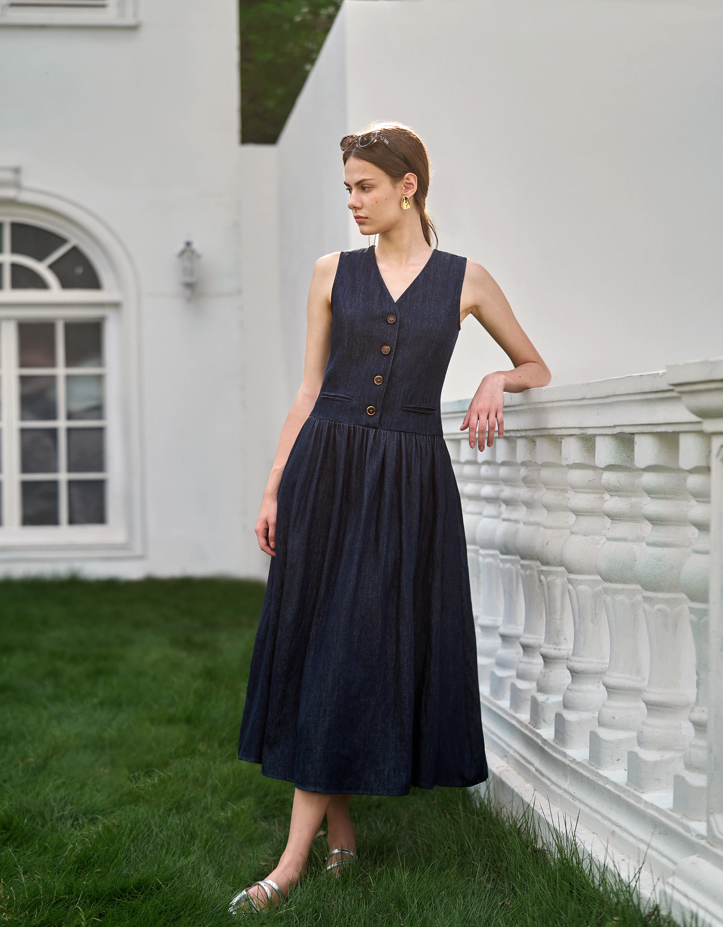 V-Neck Denim Maxi Dress - Image 3
