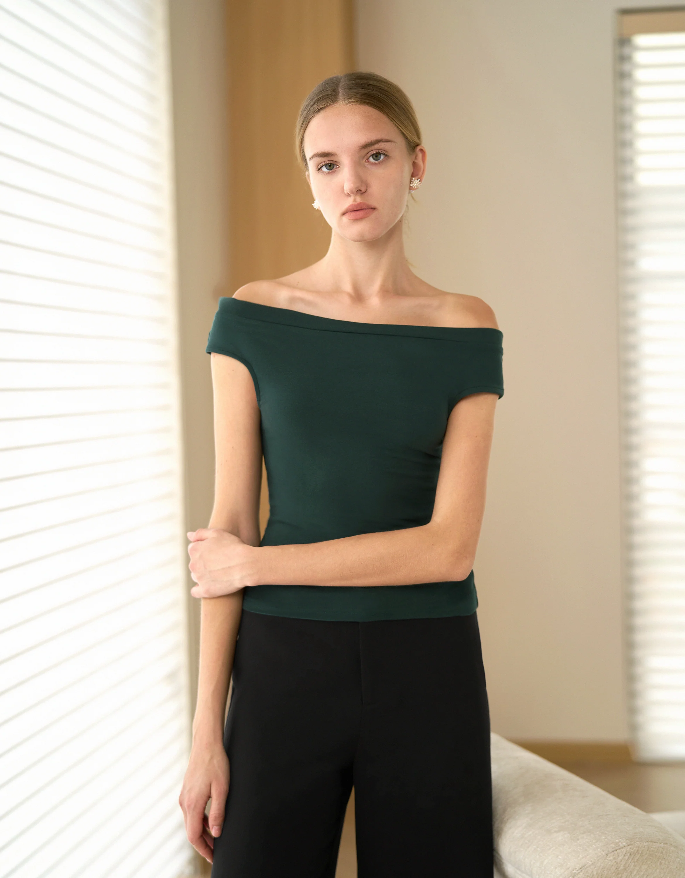 Wide Neckline Short Sleeve Knit Top - Image 2