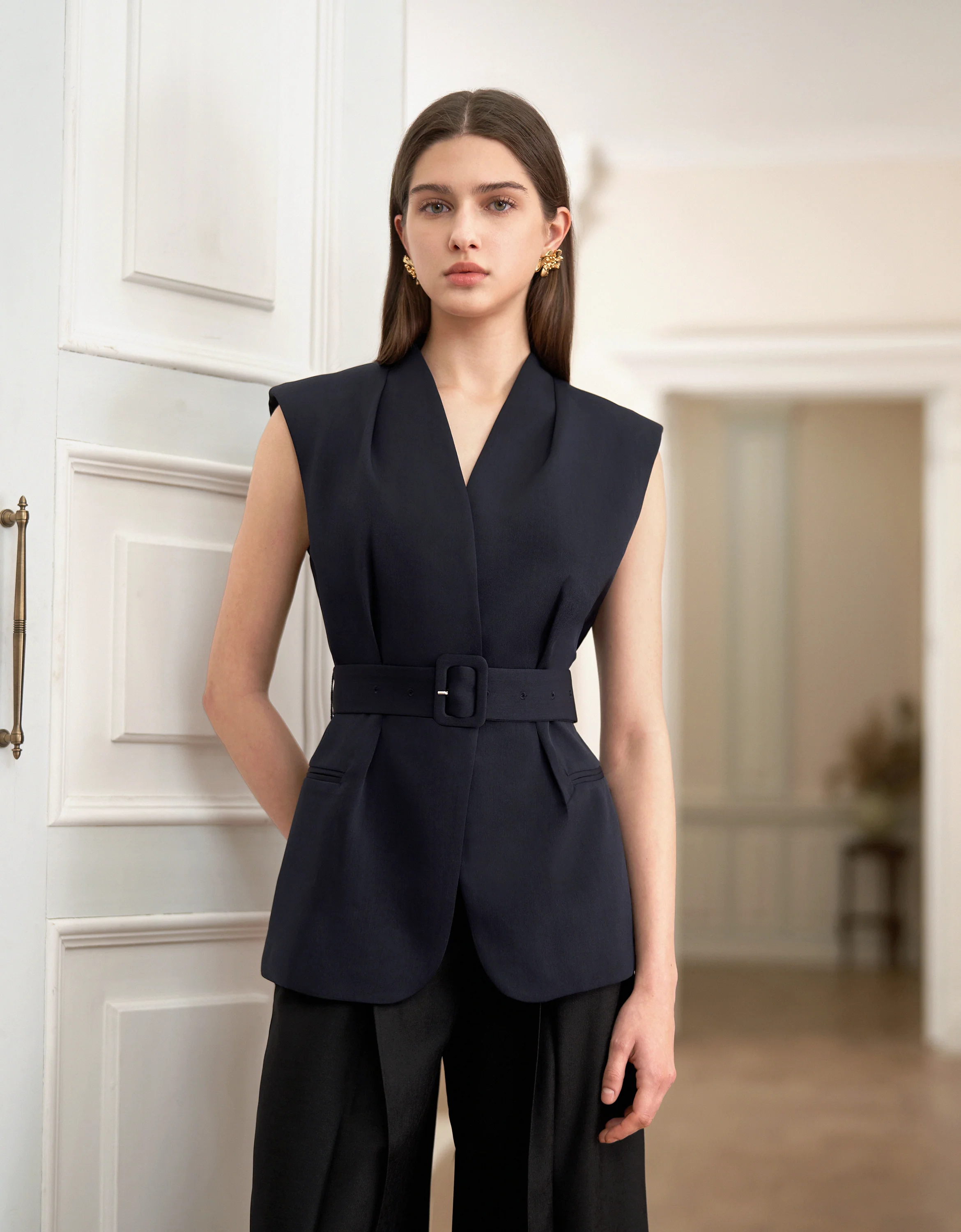 Wide Shoulder Pleated Suit Vest